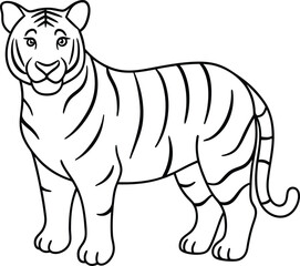 Tiger animal outline vector art, Tiger silhouette, Tiger coloring sketch for kids.