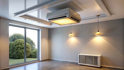 Interior room with cassette type air conditioner and modern lamp light on ceiling, home, interior, room, ceiling, cassette