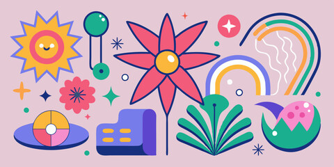 Y2k abstract groovy shape set, vector funky flower, cute minimal sticker kit, stars, wavy objects. Brutal geometric frame, flat basic form, colorful futuristic design graphic. Brutalism groovy shapes 