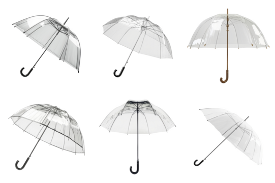 Six Clear Umbrellas Isolated on a White Background