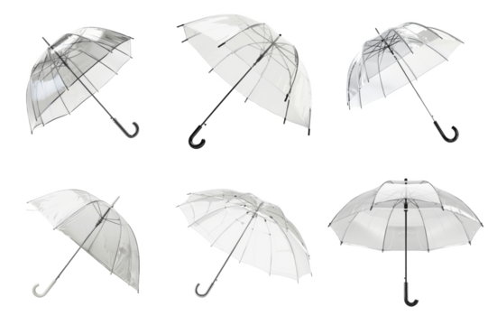 Six Clear Umbrellas Isolated on White Background