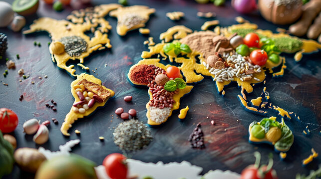 A creative display representing global food diversity using spices and vegetables