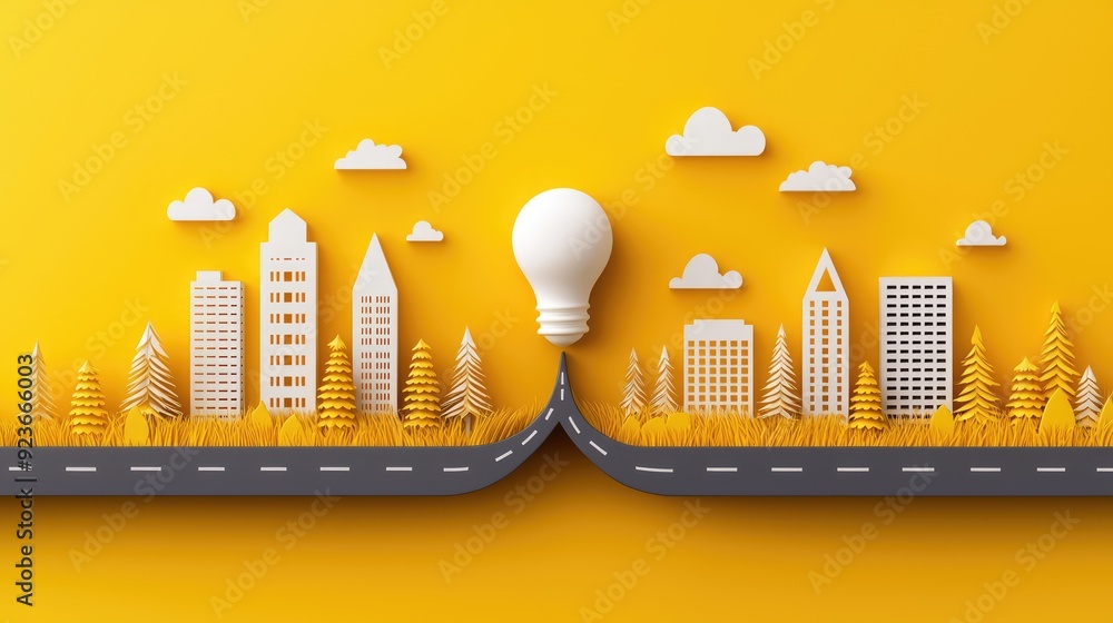Poster illuminating growth: 3d light bulb on road of insight - flat design journey of development concept.,