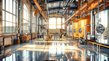 A beautifully lit brewery showcases gleaming metal tanks and pipes, enhanced by warm orange and yellow accents, creating a nostalgic atmosphere