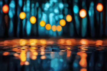 Abstract defocused night lights in a forest background, with warm orange and blue bokeh effects reflecting on wet ground.