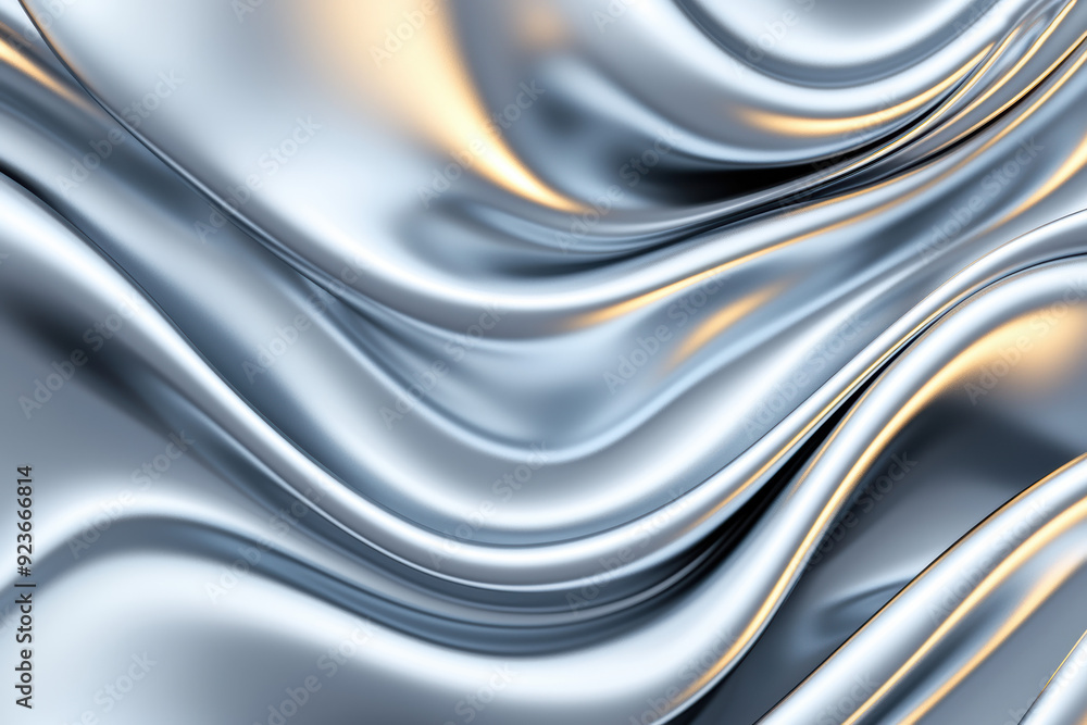 Poster abstract metallic waves with golden highlights, showcasing fluid and dynamic forms in a futuristic s