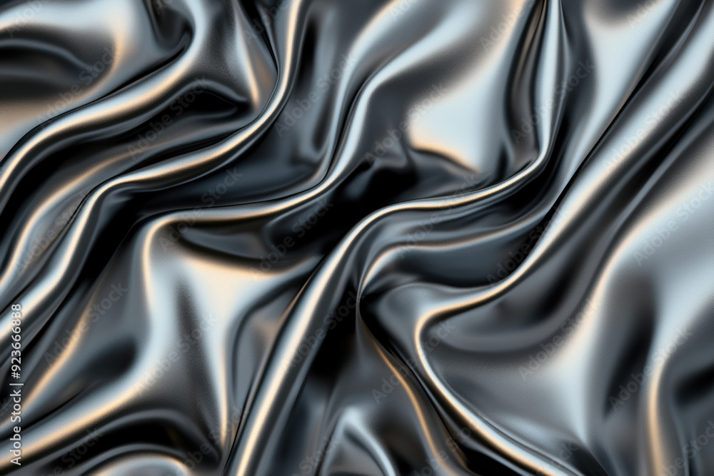 Aufkleber close-up of shiny black silk fabric with smooth and glossy surface, creating folds and waves in an a