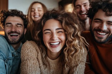 Obraz premium A group of friends joyfully huddles together, posing for a cheerful group photo, radiating happiness, and capturing a moment of camaraderie and togetherness.