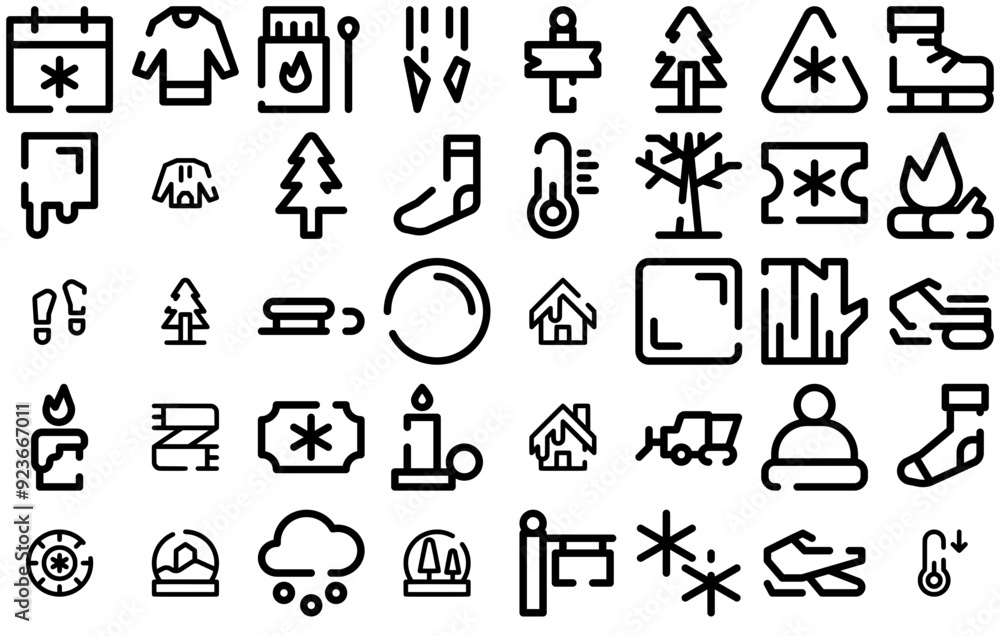 Poster set of linear winter dash line icons collection isolated silhouette solid icons including snowfall,w