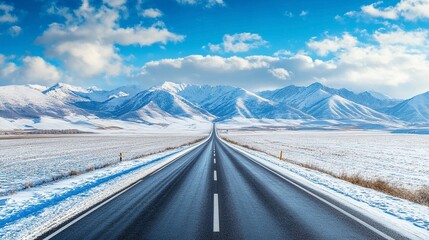 Straight asphalt highway road and snow mountains with sky clouds natural landscape. car background. Generative ai