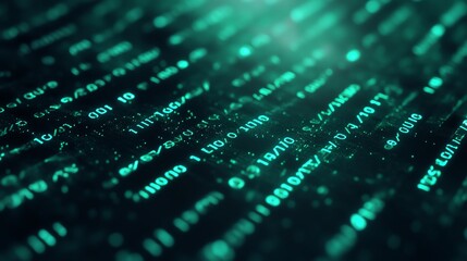 Futuristic digital data stream in vibrant green tones, representing technology, coding, and information flow.