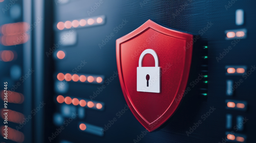Poster close-up of a red shield with a padlock symbol on a server background, representing cybersecurity, d