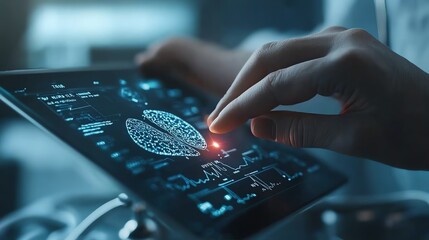 Close-up of a hand interacting with a digital tablet displaying a brain interface and data analysis in a laboratory setting.