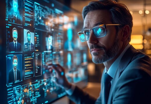 businessman in a virtual meeting room, interacting with holographic avatars of colleagues and data streams flowing between them