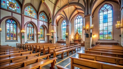 Fototapeta premium Interior view of Biedenkopf city church with wooden pews and stained glass windows, church, interior
