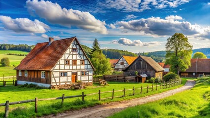 Obraz premium Idyllic countryside farm in K?nigswinter, Germany , Immenhof, K?nigswinter, Deutschland, rural, countryside, farm