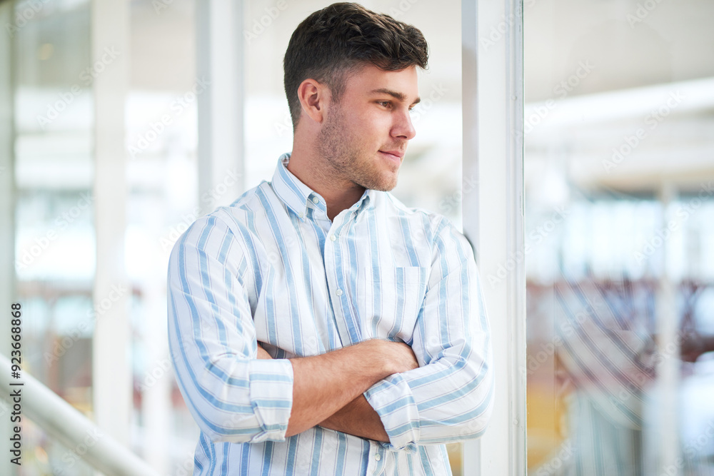 Poster thinking, business and man with arms crossed in modern office, ideas and thoughts for startup. perso