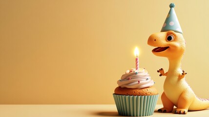 A dinosaur wearing a birthday hat next to a cupcake on a neutral background, blending fun and whimsy. Perfect for themes of celebration, kids' parties, and playful designs