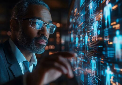 businessman in a virtual meeting room, interacting with holographic avatars of colleagues and data streams flowing between them