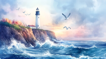 A serene coastal landscape featuring a lighthouse, ocean waves, and seagulls under a colorful sky, perfect for nature lovers.