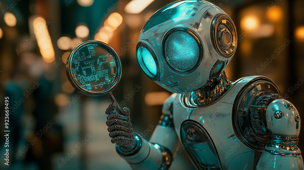 Aufkleber a 3d illustration of a robot holding a magnifying glass. it has a futuristic and detailed design. th