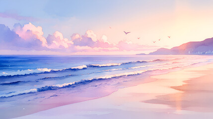 Fototapeta premium A serene beach landscape at sunset, showcasing gentle waves and colorful clouds in the sky, perfect for relaxation and inspiration.