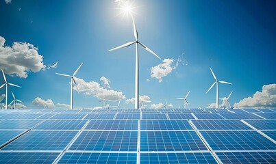 Wind farm and solar panels under a beautiful blue sky with a few clouds. Renewable energy generation for environmental conservation concept