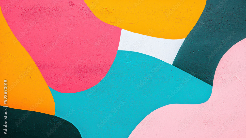 Poster colorful abstract mural with vibrant shapes and smooth flowing lines, creating a modern and artistic