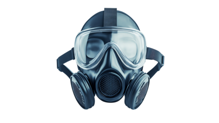 High-quality close-up image of a full-face gas mask with dual filters and clear eye protection, designed for industrial and safety use.