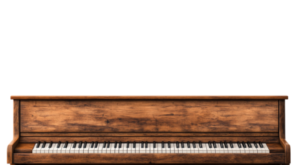 Wooden upright piano isolated on white background. Classic musical instrument with black and white keys. Perfect for music and art themes.