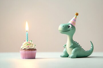 A dinosaur wearing a birthday hat next to a cupcake on a neutral background, blending fun and...