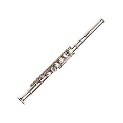 High-quality image of a silver flute on a white background, showcasing its intricate design and detailing. Perfect for music-related projects.