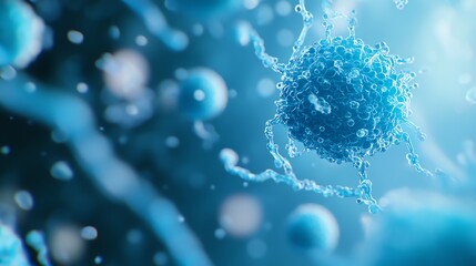 Close-up of a blue microscopic cell in a scientific background, showing intricate details and cellular structures.