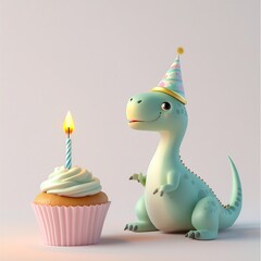 A dinosaur wearing a birthday hat next to a cupcake on a neutral background, blending fun and...