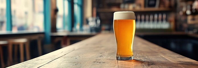 Pint of golden beer with a frothy head on a rustic wooden bar counter in a cozy pub, with a blurred background of stools and large windows.