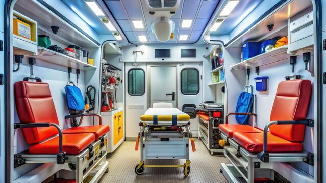 Ambulance interior equipment including medical supplies, oxygen tanks, stretchers, and diagnostic tools