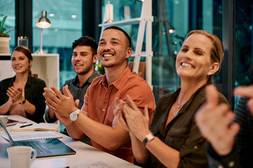 Office, business people and applause in meeting for success, achievement and company celebration...