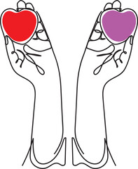 One-line art illustration, doctor's hand holding red heart and pink heart. World heart day