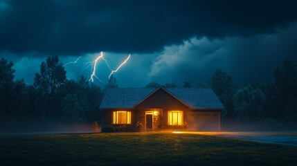 A cozy house radiates light amidst a dark and stormy evening, as lightning illuminates the...