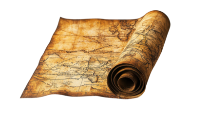 A rolled-up vintage map with weathered edges cut out transparent isolated on white background PNG file