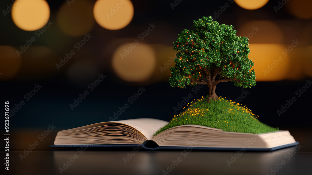 Poster open book with lush tree springing out, symbolizing knowledge growth, imagination, and creativity. g