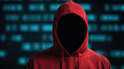 Faceless person in a dark hoodie with blank face and glowing patterns in the background, symbolizing anonymity and cyber security.