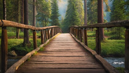 Obraz premium A serene wooden bridge in a lush forest with sunlight filtering through the trees, perfect for a peaceful nature retreat.