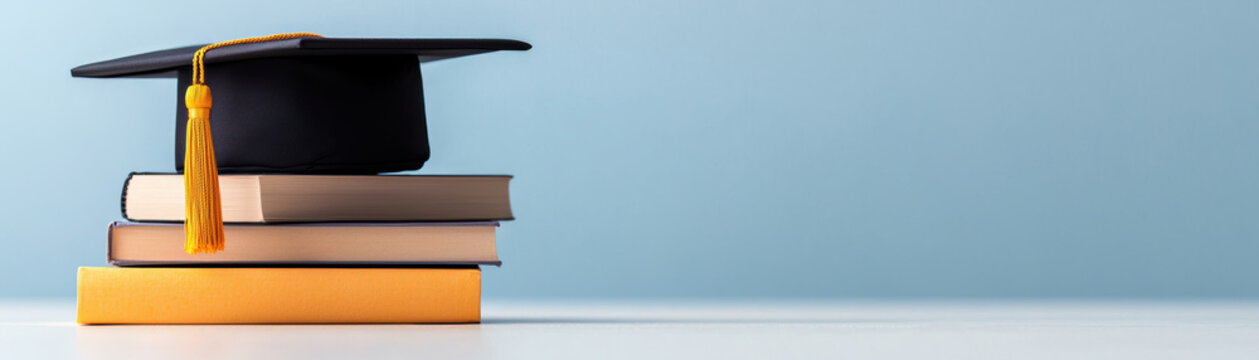 Graduation cap placed on a stack of books against a plain blue background, symbolizing academic achievement and education success.