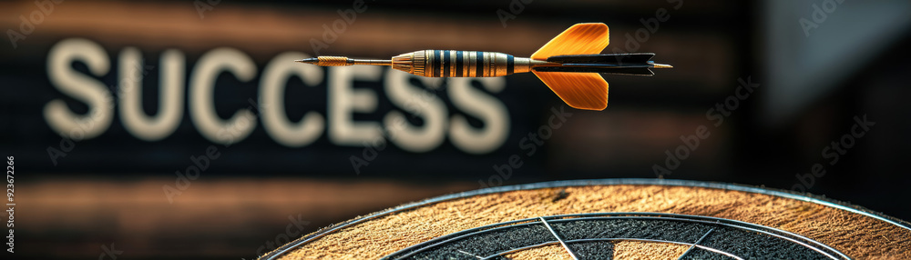 Poster close-up of a dart hitting the bullseye on a dartboard with the word success in the background, symb