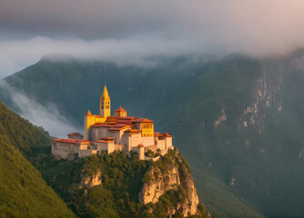 Majestic Mountain Castle Bathed in Golden Light During Sunrise Overlooking Lush Green Valleys