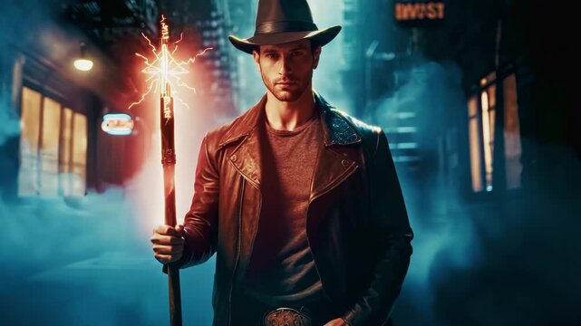 Young magician in a leather coat and a hat holding red glowing magical staff with magical symbols surrounded by smoke standing in an old town street at night. Cinematic urban fantasy movie clip.