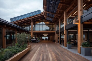 Obraz premium A spacious wooden office environment featuring solar panels and ample natural light, highlighting the blend of modern architecture with renewable energy and environmental care.