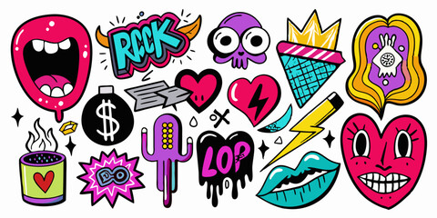 Doodle love grunge rock set, graffiti groovy vector punk heart print kit, emo gothic hand drawn sign. Marker scribble sticker, crayon wax paint collage icon, lips. Romantic Valentine Day heart doodle