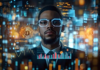 businessman surrounded by data streams representing digital currencies, with holographic charts showing market fluctuations and trends